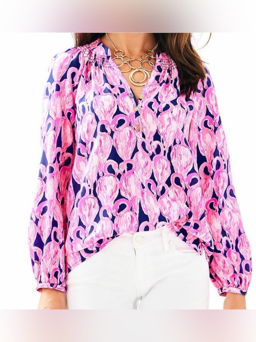 Lilly Pulitzer Elsa Silk Blouse in High Tide Via Amor (Flamingo) Print - Size M - Picture 3 of 9